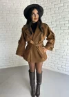 Kadın Kuşaklı Oversize Kısa Kaşe Kaban