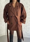 Kadın Kuşaklı Oversize Kısa Kaşe Kaban