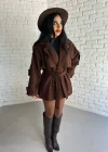 Kadın Kuşaklı Oversize Kısa Kaşe Kaban