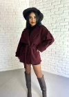 Kadın Kuşaklı Oversize Kısa Kaşe Kaban