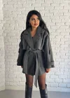 Kadın Kuşaklı Oversize Kısa Kaşe Kaban