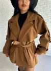 Kadın Kuşaklı Oversize Kısa Kaşe Kaban