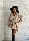 Kadın Kuşaklı Oversize Kısa Kaşe Kaban