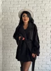 Kadın Kuşaklı Oversize Kısa Kaşe Kaban