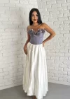 Kadın Saten Arkadan Bağcıklı Çiçek Aplikeli Korse Büstiyer