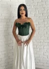 Kadın Saten Arkadan Bağcıklı Çiçek Aplikeli Korse Büstiyer