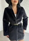 Kadın Tay Tüylü Astarlı Kemerli Blazer Ceket