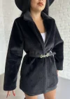 Kadın Tay Tüylü Astarlı Kemerli Blazer Ceket