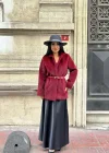 Kadın Tay Tüylü Astarlı Kemerli Blazer Ceket