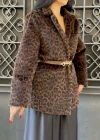 Kadın Tay Tüylü Astarlı Leopar Desenli Kemerli Blazer Ceket
