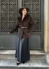Kadın Tay Tüylü Astarlı Leopar Desenli Kemerli Blazer Ceket