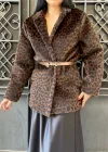 Kadın Tay Tüylü Astarlı Leopar Desenli Kemerli Blazer Ceket
