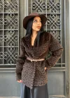 Kadın Tay Tüylü Astarlı Leopar Desenli Kemerli Blazer Ceket