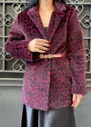 Kadın Tay Tüylü Astarlı Leopar Desenli Kemerli Blazer Ceket