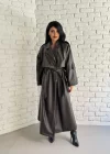 Kadın Uzun Oversize Kalıp Astarlı Deri Trençkot