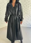 Kadın Uzun Oversize Kalıp Astarlı Deri Trençkot