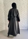Kadın Uzun Oversize Kalıp Astarlı Deri Trençkot