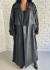 Kadın Uzun Oversize Kalıp Astarlı Deri Trençkot