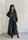 Kadın Uzun Oversize Kalıp Astarlı Deri Trençkot