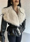 Kadın Yakası Kürklü Deri Ceket