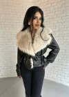 Kadın Yakası Kürklü Deri Ceket