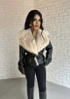Kadın Yakası Kürklü Deri Ceket