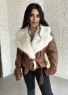 Kadın Yakası Kürklü Deri Ceket