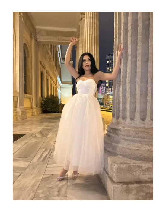 Kadın Beyaz Askılı Kabarık Midi Tül Elbise
