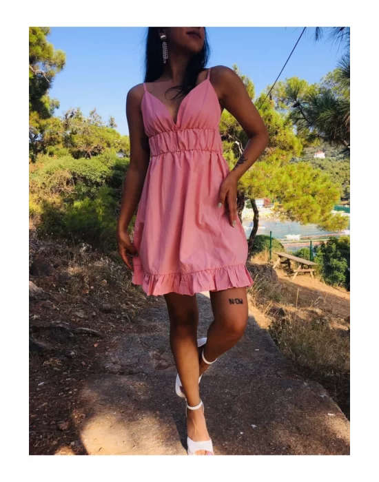 Kadın V Yaka Askılı Mini Sunny Elbise