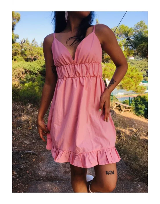 Kadın V Yaka Askılı Mini Sunny Elbise