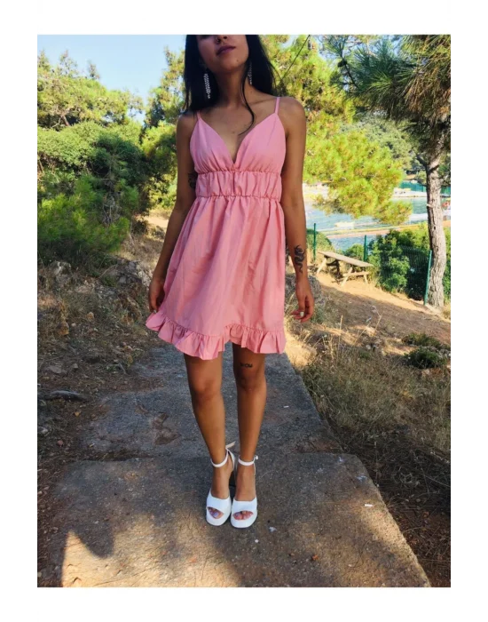 Kadın V Yaka Askılı Mini Sunny Elbise