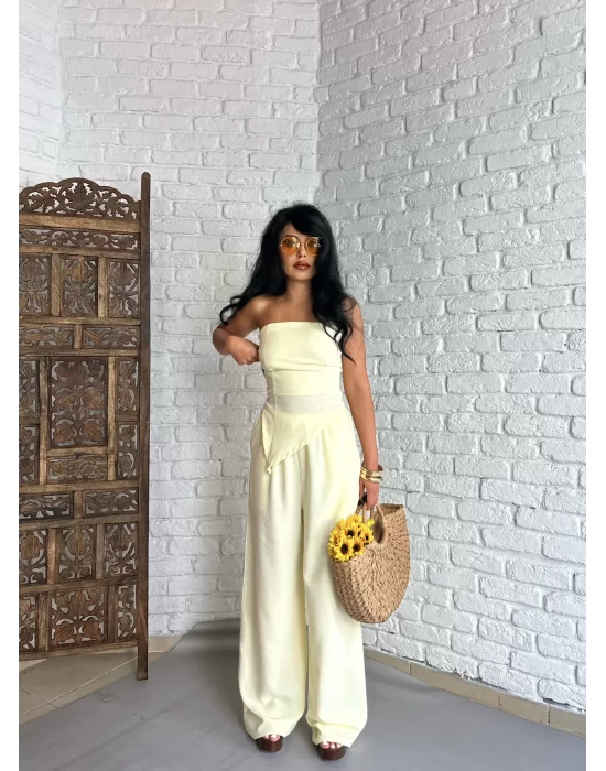 Kadın Asimetrik Straplez Bluz Ve Pantolon Keten Takım