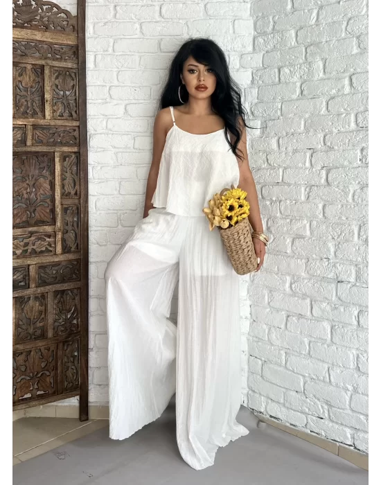 Kadın Askılı Bluz Ve Geniş Paça Pantolon Kırışık Takım