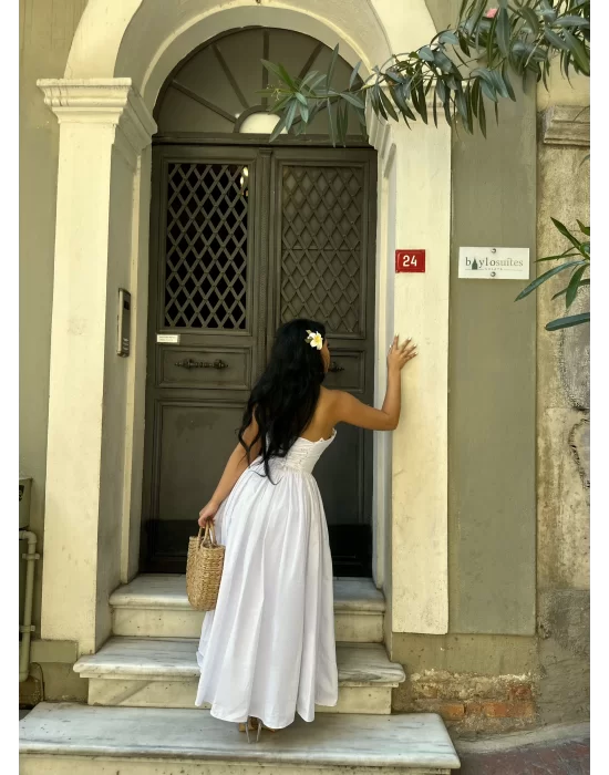 Kadın Askılı Kalp Yaka Tasarım Poplin Midi Elbise