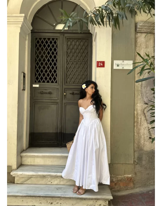 Kadın Askılı Kalp Yaka Tasarım Poplin Midi Elbise