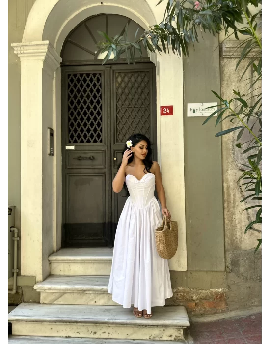Kadın Askılı Kalp Yaka Tasarım Poplin Midi Elbise