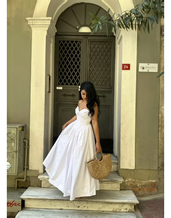 Kadın Askılı Kalp Yaka Tasarım Poplin Midi Elbise