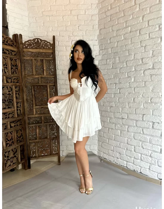 Kadın Askılı Korse Görünümlü Önü Düğmeli Mini Tasarım Elbise