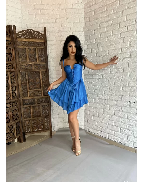 Kadın Askılı Korse Görünümlü Önü Düğmeli Mini Tasarım Elbise