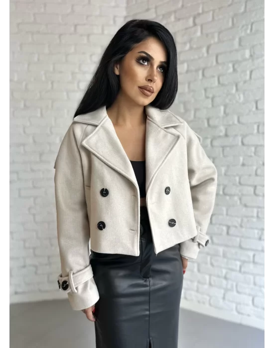 Kadın Astarlı Kolları Kemerli Kısa Kaşe Kaban
