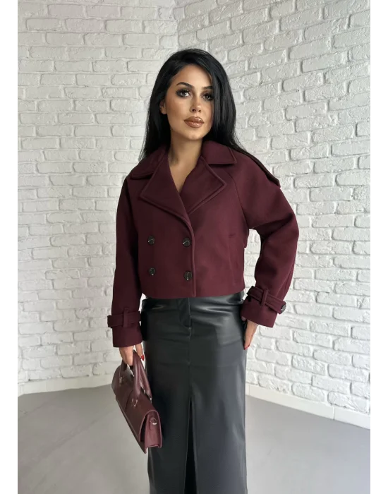 Kadın Astarlı Kolları Kemerli Kısa Kaşe Kaban