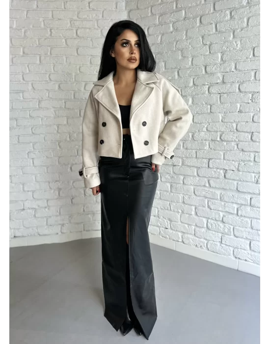 Kadın Astarlı Kolları Kemerli Kısa Kaşe Kaban