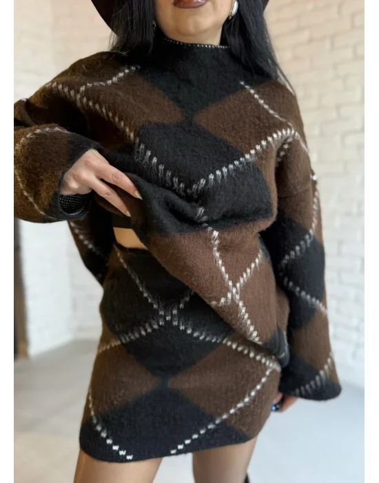 Kadın Baklava Desenli Kazak Ve Etek Triko Takım