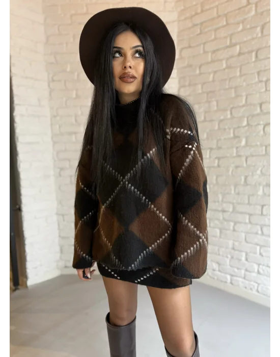 Kadın Baklava Desenli Kazak Ve Etek Triko Takım