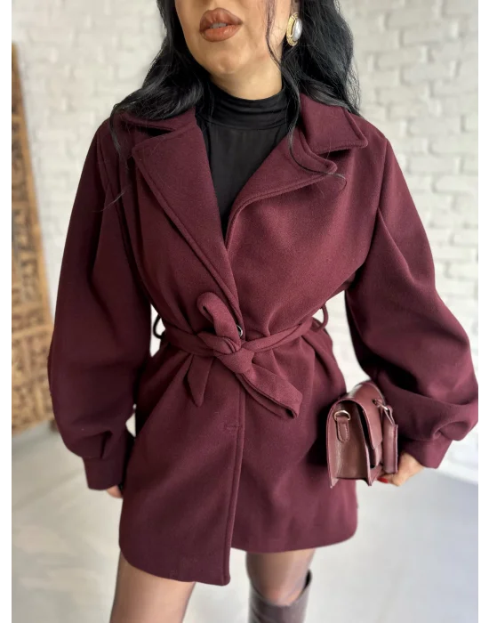 Kadın Balon Kol Kuşaklı Kaşe Kaban