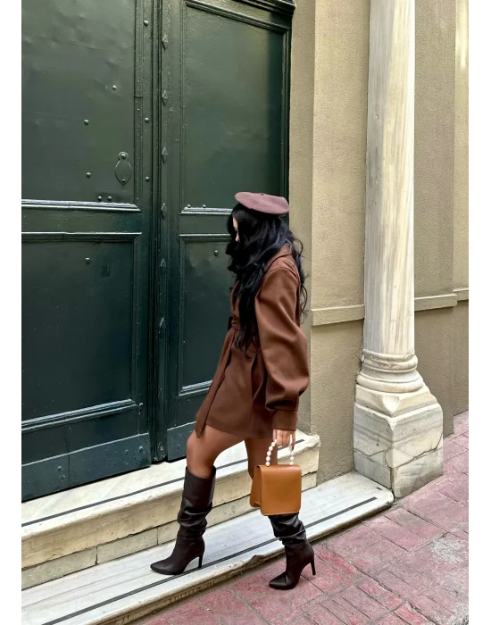 Kadın Balon Kol Kuşaklı Kaşe Kaban