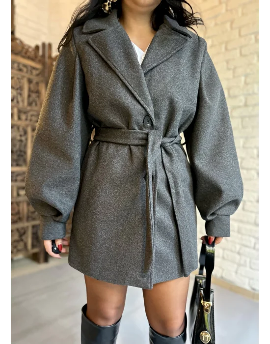 Kadın Balon Kol Kuşaklı Kaşe Kaban