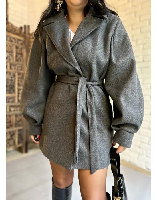 Kadın Balon Kol Kuşaklı Kaşe Kaban