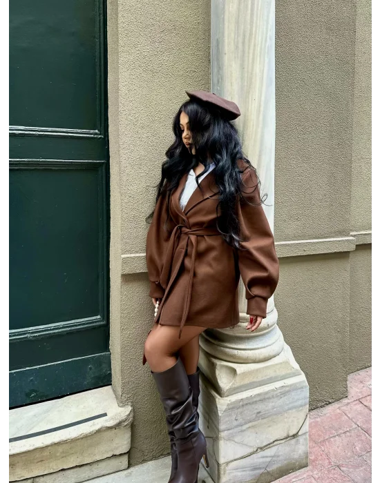 Kadın Balon Kol Kuşaklı Kaşe Kaban