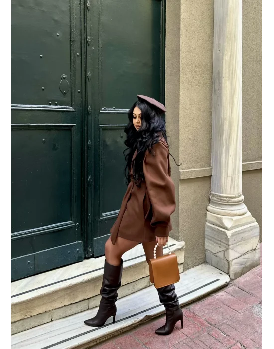 Kadın Balon Kol Kuşaklı Kaşe Kaban